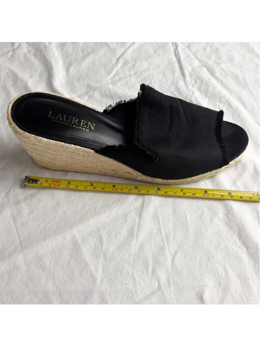 Lauren Ralph Lauren Carlynda Black Linen Wedge Espadrille Sandals Sz 9 Peep Toe